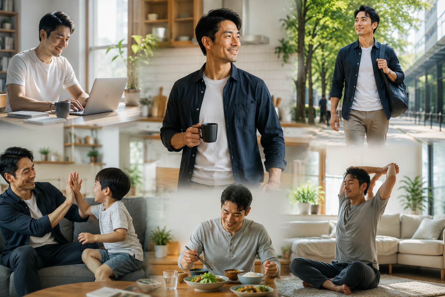 仕事や家族との時間など充実した日常を過ごす男性