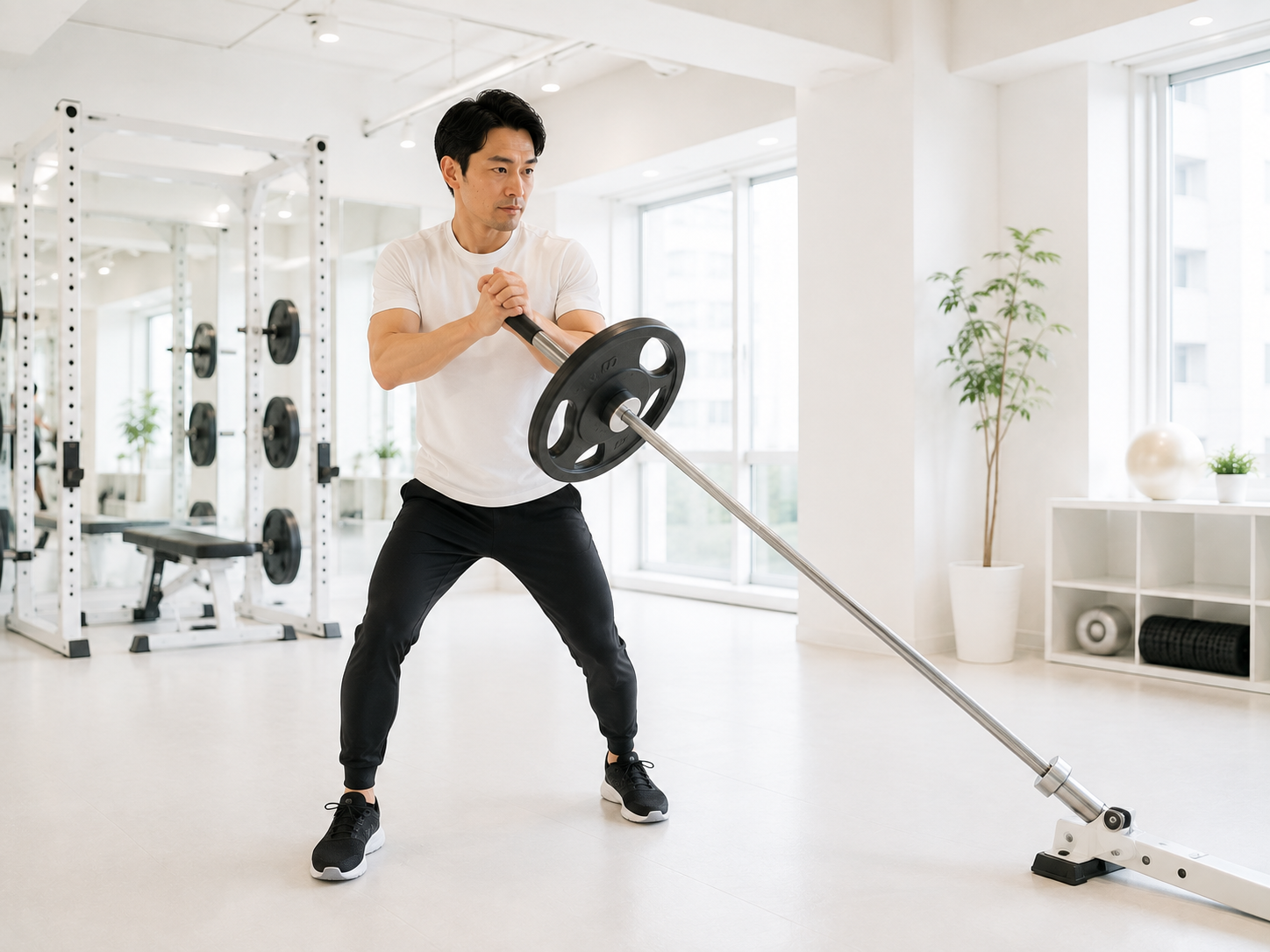 明るいスタジオでランドマイントレーニングを行う男性