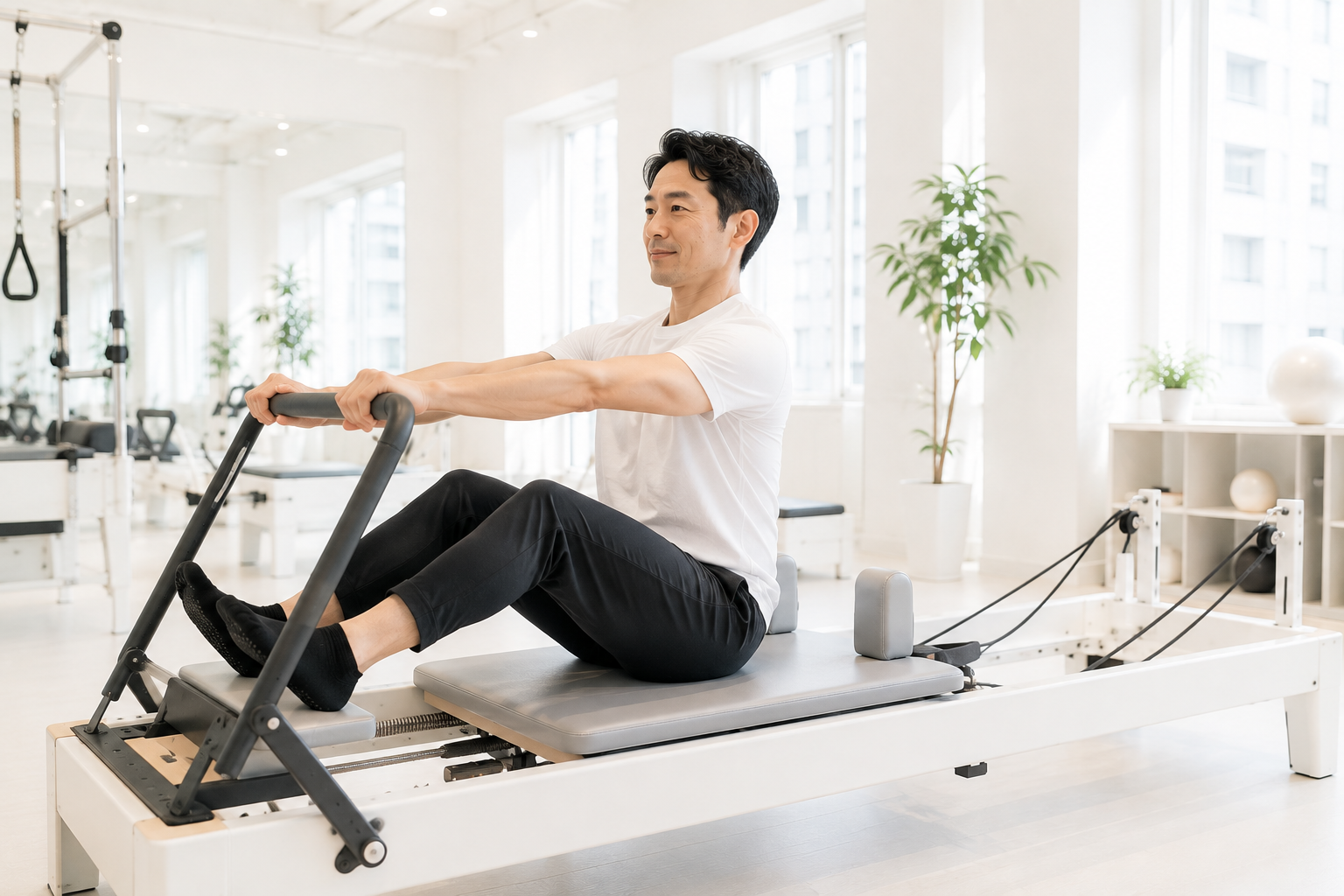 明るいスタジオでマシンピラティスを行う男性