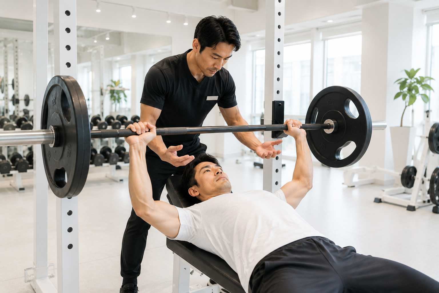 トレーナーの補助を受けながらベンチプレスを行う男性